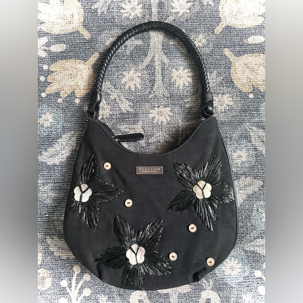 Kenneth Cole Reaction Black Canvas Raffia Floral Mini Bag